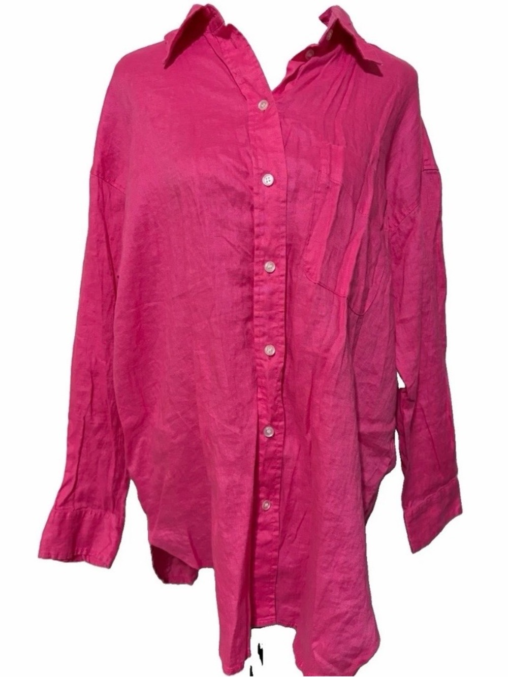 H&M Oversized Linen-Blend Button-Down Shirt Fuchsia Pink size Large